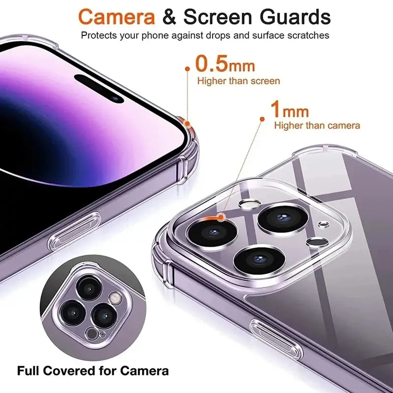 Shockproof transparent silicone phone case for iPhone 13 11 14 Pro Max 12 Mini with lens protector for iPhone 15 16 Pro XS Max X