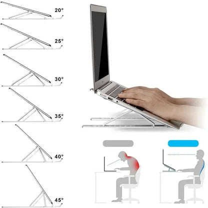 Ergonomic adjustable laptop stand with heat dissipation, tablet compatible