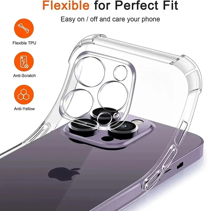 Shockproof transparent silicone phone case for iPhone 13 11 14 Pro Max 12 Mini with lens protector for iPhone 15 16 Pro XS Max X