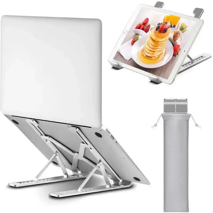 Ergonomic adjustable laptop stand with heat dissipation, tablet compatible
